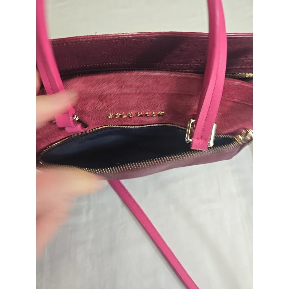 Cole Haan LINLEY Magenta Suede Leather Small Satchel Bag Purse Pink Gold Hardwar